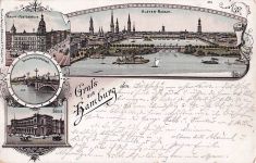 Lithographie Hamburg, Alster-Bassin, Haupt-Postgebäude, Börse