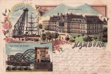 Lithographie Hamburg, Justizgebäude, Eisenbahn-Elb-Brücke, Riesen-Krahn