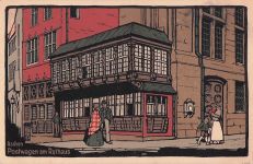 Steindruck-AK Aachen, Postwagen am Rathaus