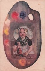 Künstlerische Darstellung eines holländischen Mädchens, um 1910. Ungestempelte Postkarte mit Farbpalette.