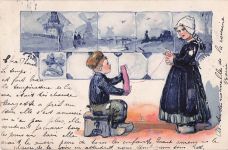 Präge-AK Junge mit Mädchen in niederländischer Tracht beim Wolle aufwickeln