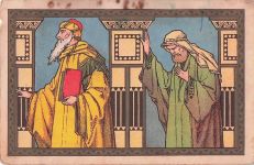 Antike niederländisch-katholische Bibellithografie „Der Pharisäer und der Zöllner“