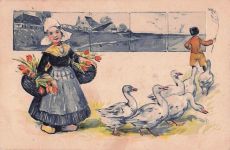 AK Mädchen in niederländischer Tracht mit Körben voller Tulpen