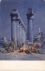 Künstler Ak Perlberg, F., Luxor Ägypten, Luxortempel, Lagerfeuer
