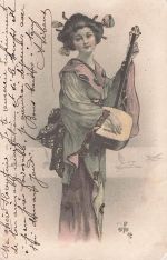 Litho Japanerin in Kimono, Shamisen, Steckfrisur