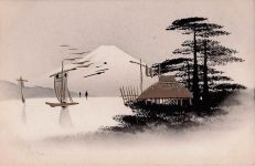 Postkarte, handbemalt, japanische Kunst, Japan, schwarzer Lack, Gold /3