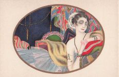 Künstler: M. Monteloyo. Art Déco. Elegante Dame im Glamour-Stil.