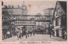 AK Barmen-Elberfeld, Schwebebahn an der Rathausbrücke