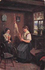 Künstler-Ansichtskarte Heinrich Hoffmann: Zwei junge Frauen am Spinnrocken