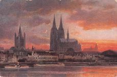Postkarte im Kontinentalformat, Künstlerdarstellung von Köln am Rhein