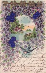 Präge Litho Schwalben, Karren, Blumen, Rosen, Vergissmeinnicht, Kitsch