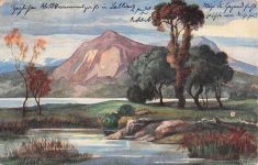 Landschaft Bach Berg Bäume Fluss Gemälde Kunst Postkarte