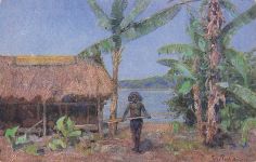 Künstler Ansichtskarte / Postkarte Peter Paul Müller, Papua Neuguinea, Einheimischer vor Hütte, Palmen