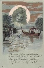 Jugendstil-Postkarte von 1901: Frau in Gold, Mond über grünem venezianischem Mond/Gondo la Scene