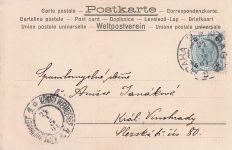 Jugendstil-Postkarte von 1901: Frau in Gold, Mond über einem Paar, das durch den Wald spaziert