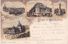 Lithographie Wiesbaden, Kochbrunnenplatz, Hoftheater, Augusta Victoria Bad
