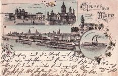 Lithographie Mainz, Centralbahnhof, Schillerdenkmal, Stadtpanorama mit Dampfern