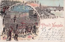 Winter Litho Frankfurt am Main, Glückwunsch Neujahr,Auf der Zeil, Stadtblick, Brücke, Silvesternacht