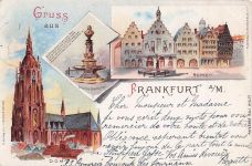 Lithographie Alt-Frankfurt, Dom, Römer und Stoltze-Denkmal