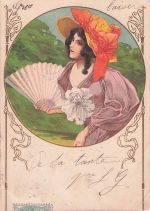 Illustration einer Frau mit einem großen Hut und Fächer, die an den französischen Jugendstil