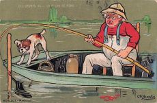 Dies ist eine humorvolle Postkarte aus der Serie "Les Sports" mit dem Titel "La pêche de fond" (Grundfischen).