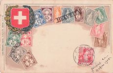 Ansichtskarte Gruppe von Briefmarken und Schweizer Wappen