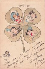 Kuss auf einem vierblättrigen Kleeblatt, 1905, französische Künstler-signierte Postkarte - Farblithografie