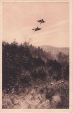Künstler-Ansichtskarte Waldlandschaft mit fliegenden Vögeln