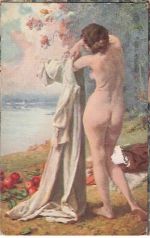 Red apple on grass Bathing-gown Nude woman Antique Salon Paris postcard 1909s