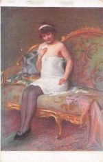 Frau auf einer verzierten Couch in einer Boudoir-Szene, die von Delphin Enjolras gemalt wurde