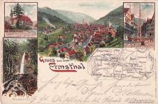 Lithografie-Postkarte "Gruss aus dem Ermsthal" zeigt eine Gesamtansicht von Urach