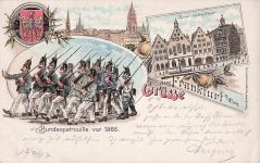 Lithographie Alt-Frankfurt, Römer und alte Häuser, Bundespatrouille vor 1866