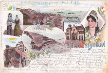 Lithographie Helgoland, Treppe, Steilufer, Helgoländer Paar, Gesamtansicht, Gesamtansicht
