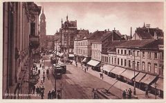 Ansichtskarte Krefeld, Blick in die Rheinstraße mit Straßenbahn