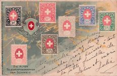 Ansichtskarte Die Alten Telegraphenmarken der Schweiz, 7 Briefmarken, Blitze am Himmel