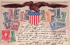 Briefmarken Wappen Ansichtskarte / Postkarte USA, Amerikanische Fahne, Adler