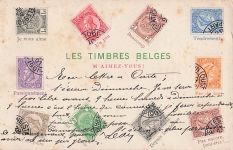 BELGIEN 1800ER JAHRE BRIEFMARKE AUF BRIEFMARKE AUF POSTKARTE BRIEFMARKEN AUF BRIEFMARKEN