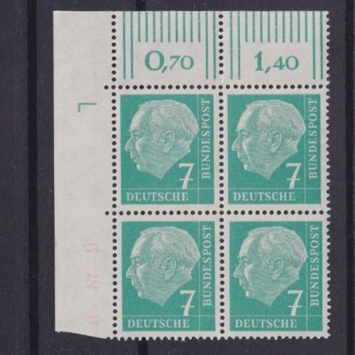 Bund 181 y Zeichen "L" Ecke Eckrand Viererblock postfrisch - Heuss lumogen 7 Pfg