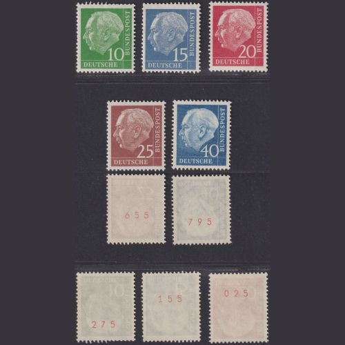Bund Heuss 183-186 y R + 260 y R - Rollenmarken rote ungerader Nummer postfrisch