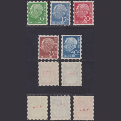 Bund Heuss 183-186 y R + 260 y R - Rollenmarken rote ungerader Nummer postfrisch
