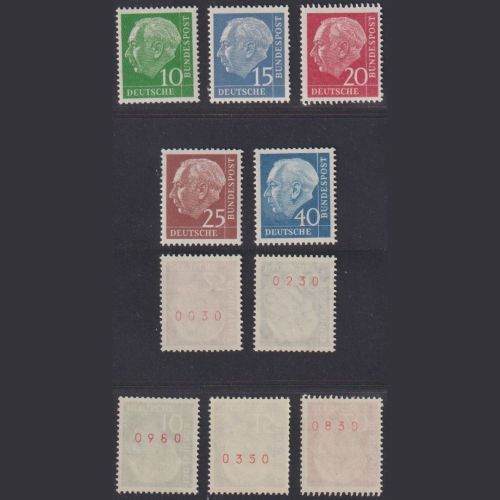 Bund Heuss 183-186 y R + 260 y R - Rollenmarken rote gerader Nummer postfrisch