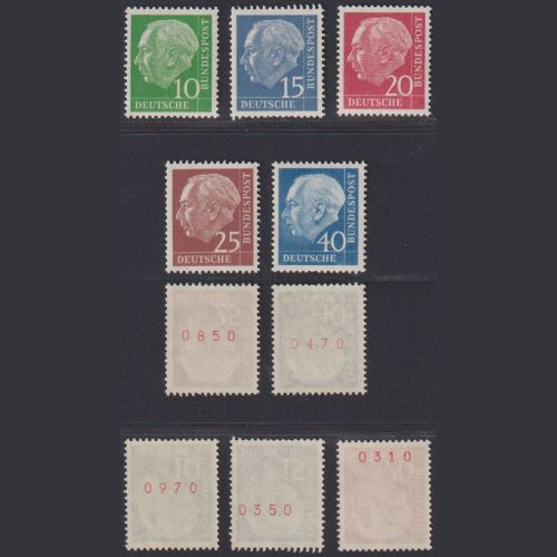 Bund Heuss 183-186 y R + 260 y R - Rollenmarken rote gerader Nummer postfrisch