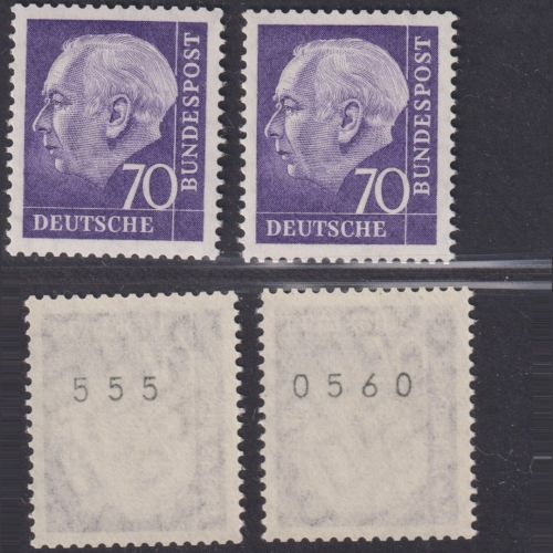 Bund Heuss 70 Pf, 263 xw R Rollenmarke mit gerader + ungerader Nummer postfrisch