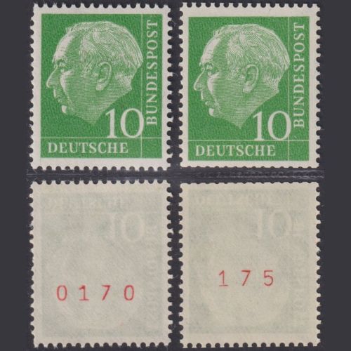 Bund, Heuss 10 Pf. / 183 y R Rollenmarke, ungerade + gerade rote Nr. postfrisch