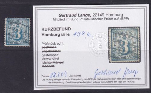 Hamburg 1864 - 3 Schilling | Michel Nr. 15 gestempelt, geprüft Attest Lange BPP