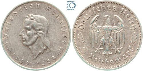 Deutsches Reich - 5 Mark 1934 F - Friedrich Schiller - Jäger 359