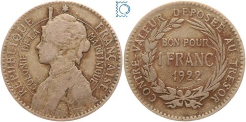 Martinique 1 Franc 1922 Paris, Französische Kolonien