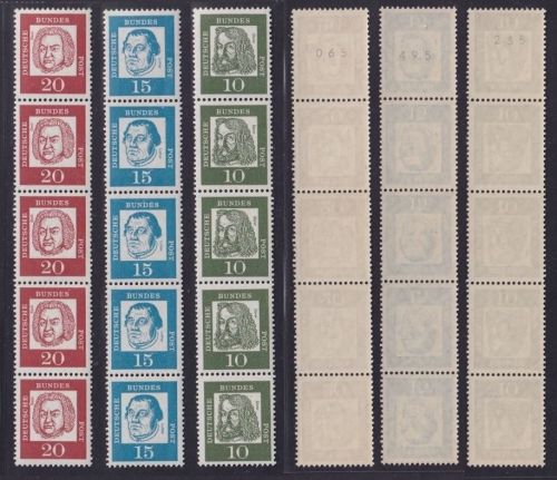 Bund, Michel Nr. 350x, 351x, 352 x R postfrisch 5er-Streifen mit Nr.