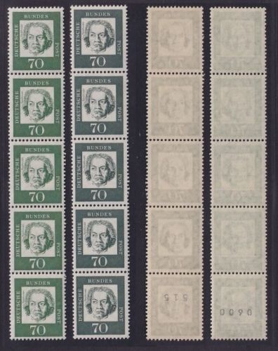 Bund, Michel Nr. 358 a+b y R postfrisch Rollenmarke 5er-Streifen mit Nr.