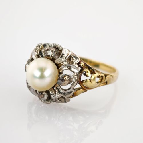 Jugendstil-Bicolor-Goldring mit Perle & Diamanten | 585 / 5,6g / Gr. 55